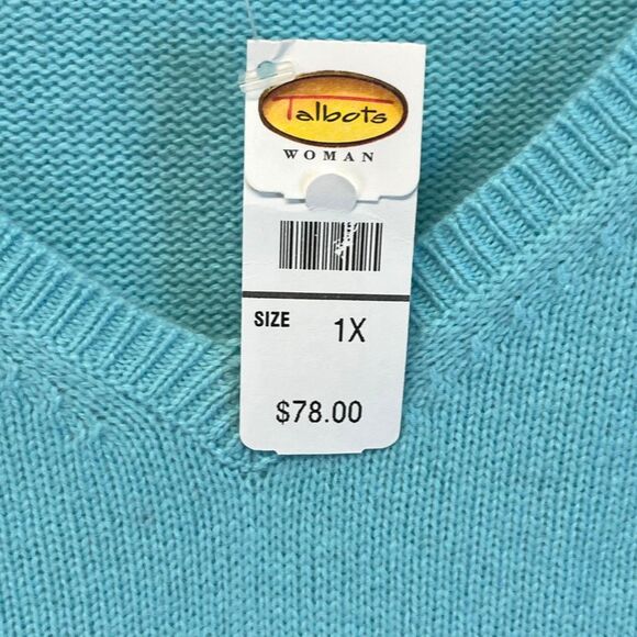 TALBOTS WOMAN Sweater 1X Aqua Blue V-Neck Merino Wool Angora Cashmere Elbow Patc - Picture 4 of 14